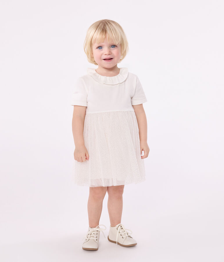 Kurz&auml;rmeliges Baby-Kleid aus Baumwolle und T&uuml;ll mit Halskrause weiss/rosa