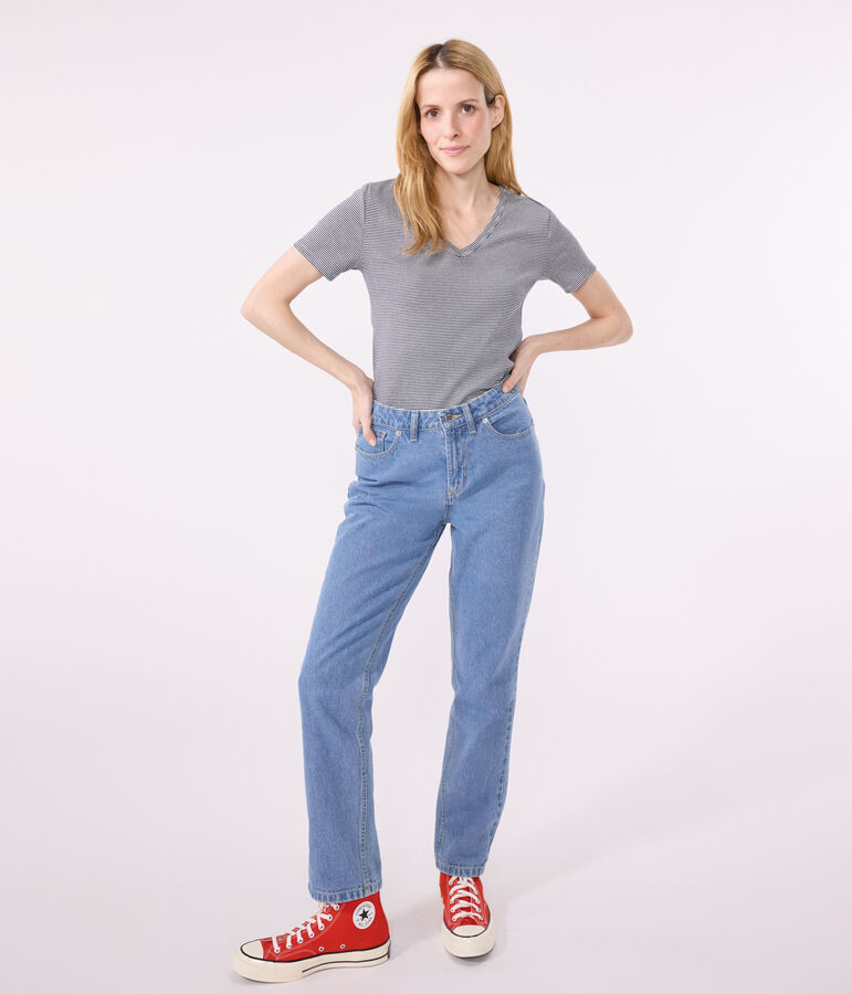 Damen-T-Shirt L'Iconique aus Baumwolle mit V-Ausschnitt, gestreift blau/weiss