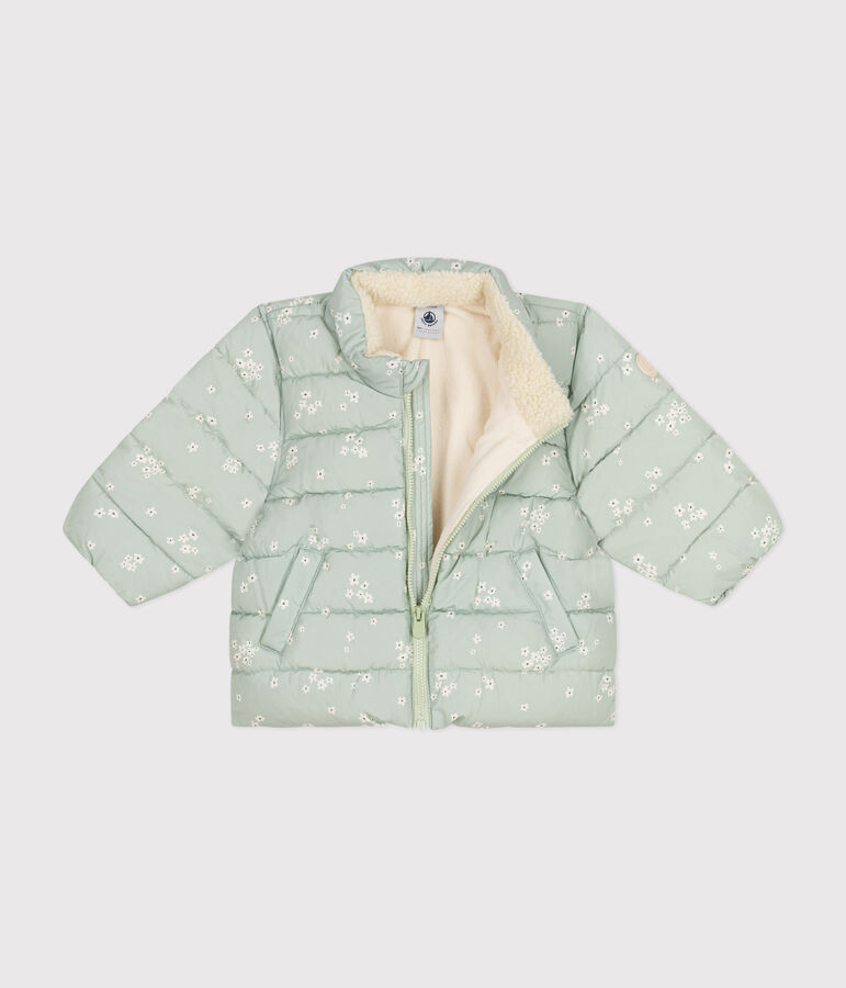 Gemusterte  Baby-Winterjacke mit einrollbarer Kapuze gr&uuml;n/vielfarbig