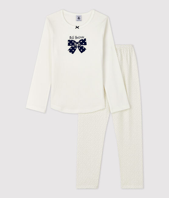 Kinderpyjama aus Bio-Baumwolle mit Punktmuster für Mädchen weiss MARSHMALLOW/blau MEDIEVAL