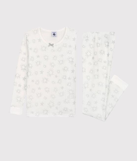 Snugfit-Kinderpyjama aus Baumwolle mit paillettiertem Sternen-Print für Mädchen weiss MARSHMALLOW/weiss MULTICO