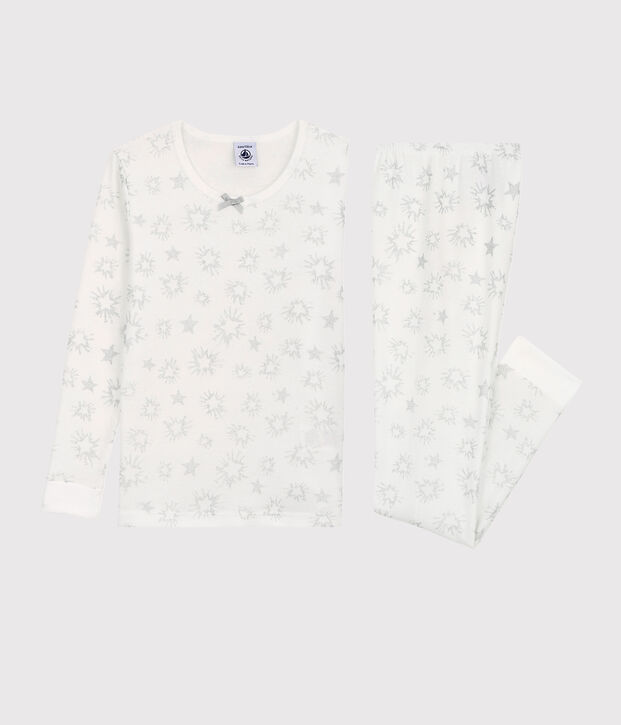 Snugfit-Kinderpyjama aus Baumwolle mit paillettiertem Sternen-Print f&uuml;r M&auml;dchen weiss/vielfarbig