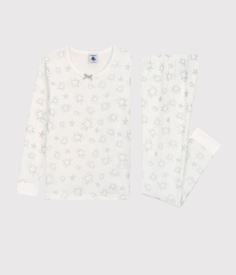 Snugfit-Kinderpyjama aus Baumwolle mit paillettiertem Sternen-Print f&uuml;r M&auml;dchen weiss/vielfarbig
