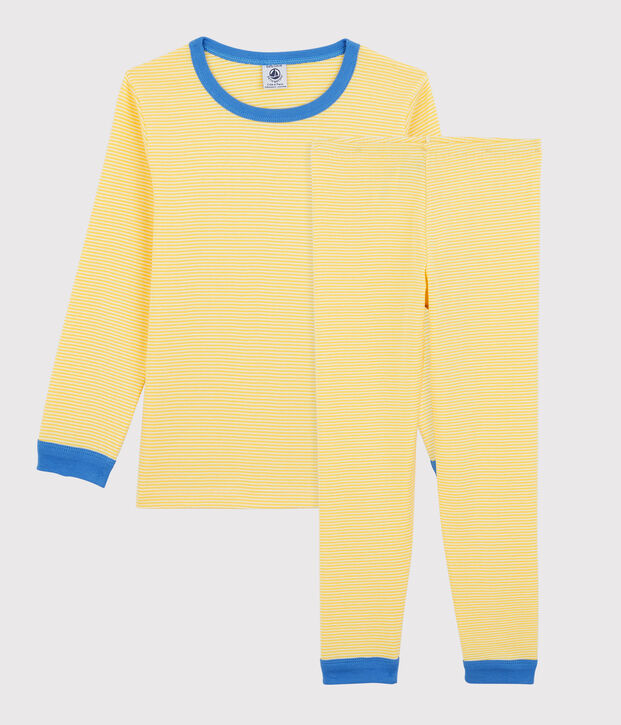 Kinderpyjama aus Bio-Baumwolle mit Ringelstreifen gelb/weiss