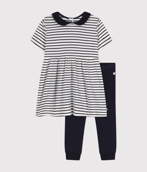 Babyset aus Baumwolle, bestehend aus Kleid und Leggings weiss/blau