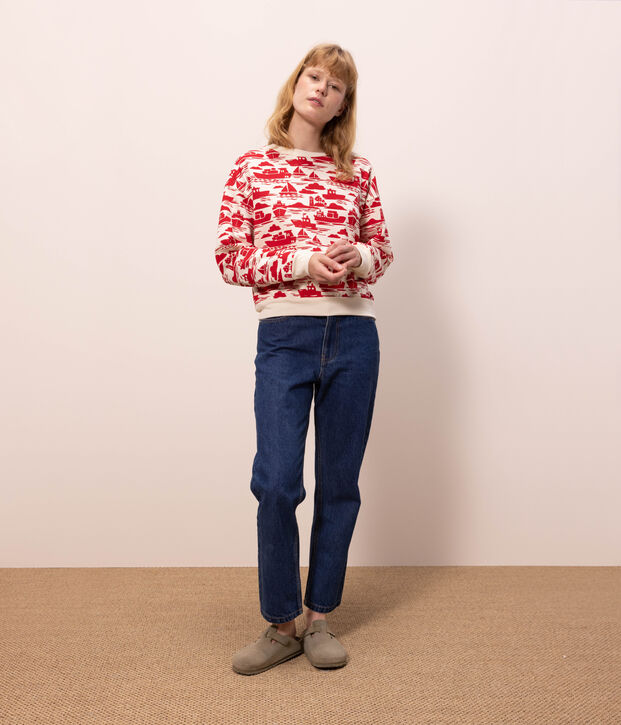 Sweatshirt aus Baumwolle f&uuml;r Damen naturfarben/rot