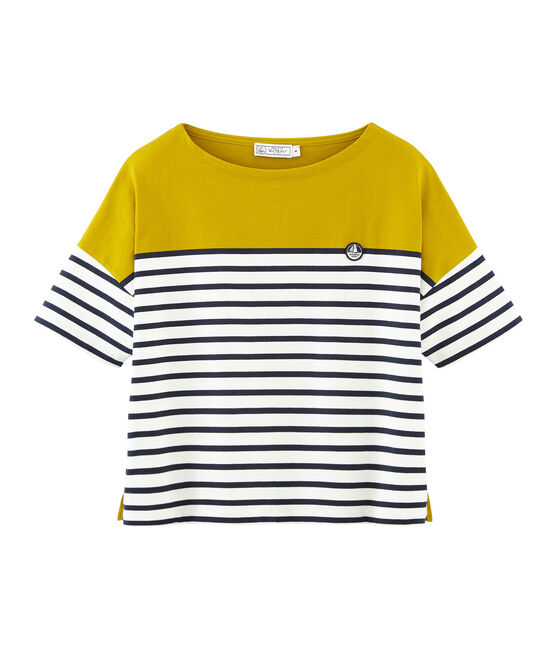 Kurzärmeliges seemannshemd damen gelb BAMBOO/weiss MARSHMALLOW/ SMOKING