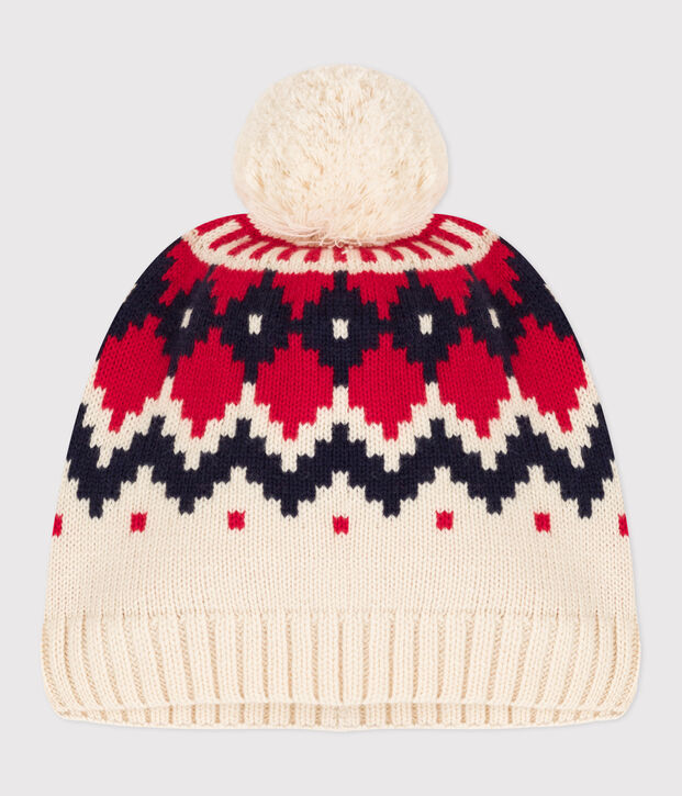 Kinder-M&uuml;tze aus Jacquard-Wollstoff naturfarben/vielfarbig