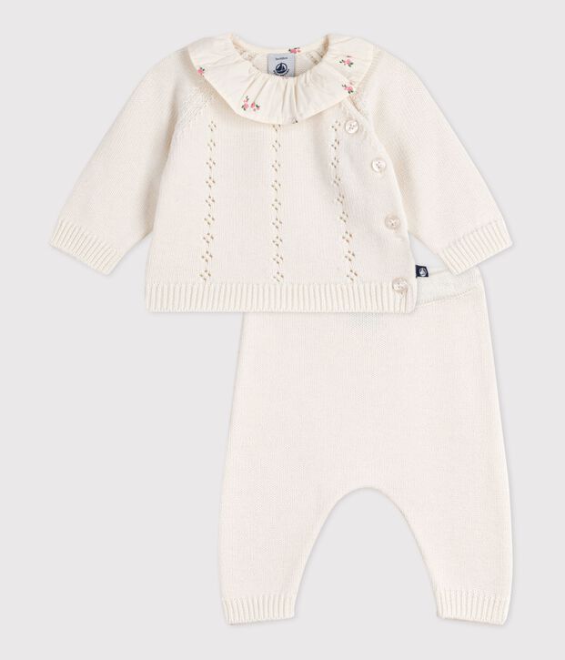 2-teiliges Baby-Set aus Wolle und Baumwolle mit gebl&uuml;mtem R&uuml;schenkragen weiss