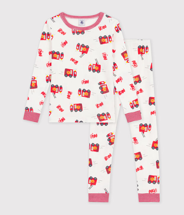 Eng anliegender Kinder-Pyjama aus Baumwolle mit Feuerwehr-Motiv weiss/vielfarbig