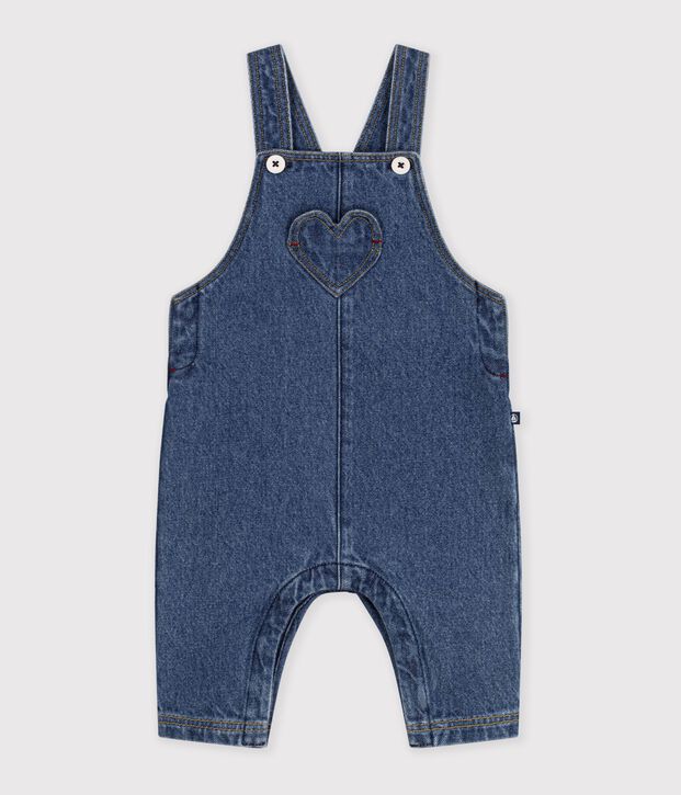 Langbeinige Baby-Latzhose aus Jeansstoff mit Tasche in Herzform blau