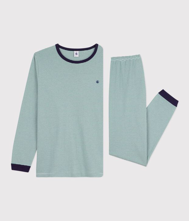 Kinder-Pyjama aus Baumwolle mit Streifen gr&uuml;n/weiss