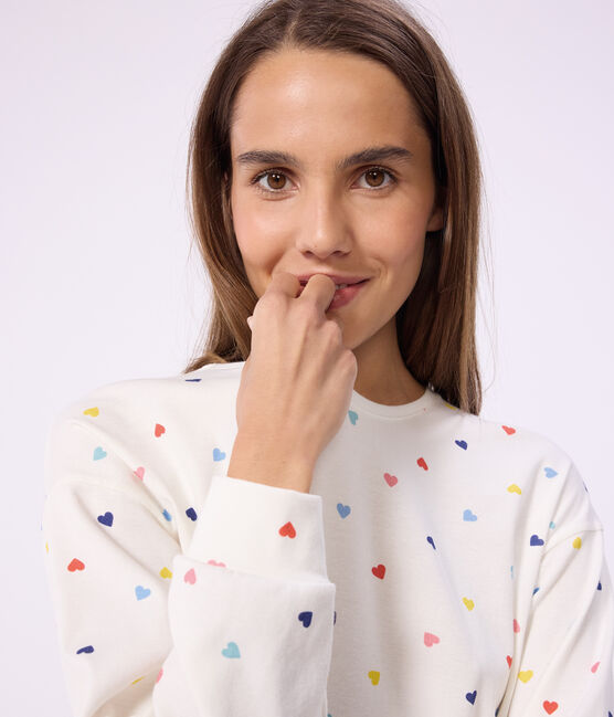 Damen-Pyjama aus Baumwolle und Elastan mit Herzmotiv weiss MARSHMALLOW/weiss MULTICO