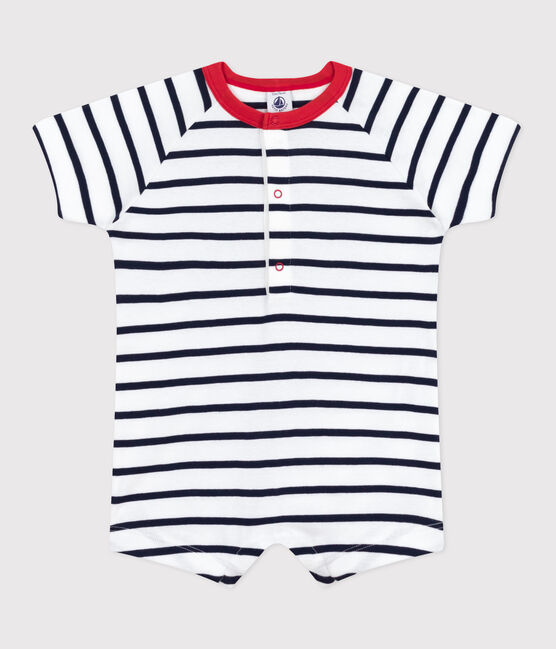 Kurzärmeliger Baby-Kurzoverall aus Baumwolle mit Streifen und farblich abgesetztem Kragen. weiss MARSHMALLOW/blau SMOKING