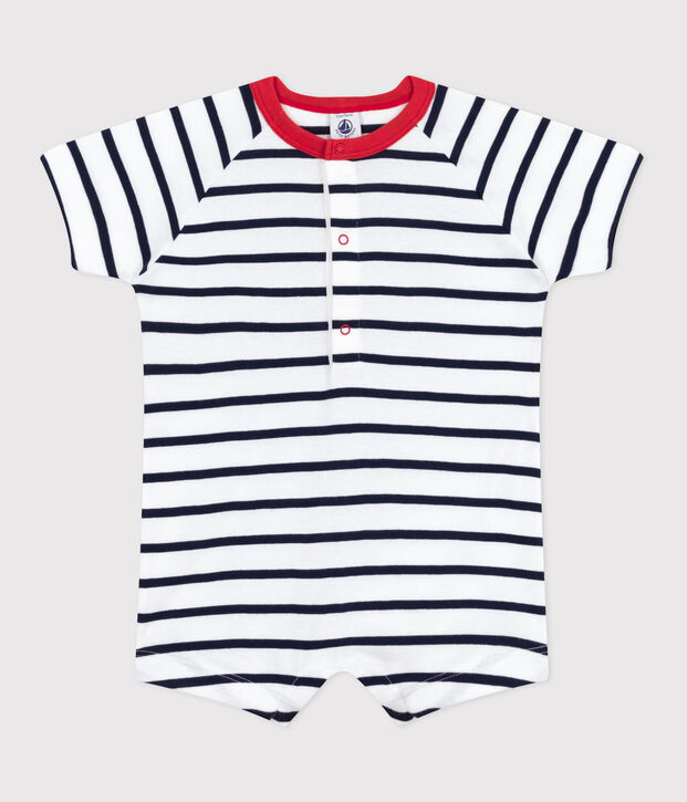 Kurz&auml;rmeliger Baby-Kurzoverall aus Baumwolle mit Streifen und farblich abgesetztem Kragen. weiss/blau