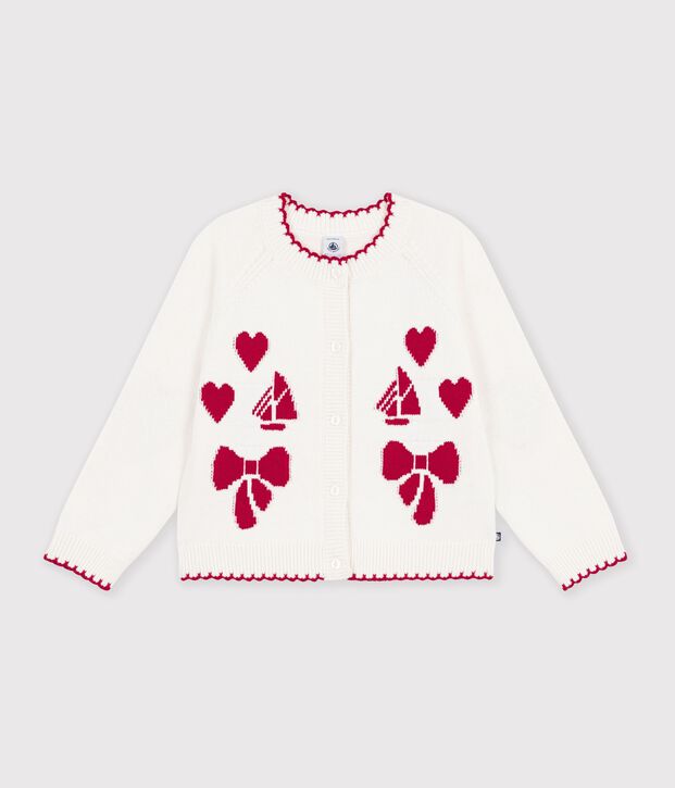Kinder-Cardigan aus Wolle und Baumwolle mit Muster weiss/rot