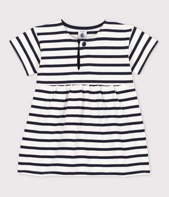 Kurzärmeliges Baby-Kleid aus dichtem Jersey für Mädchen weiss MARSHMALLOW/blau SMOKING
