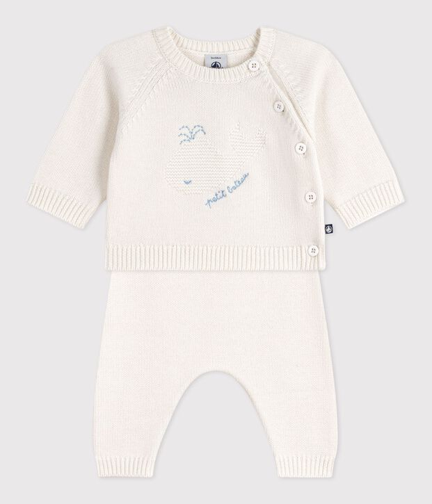 2-teiliges Baby-Set aus Woll- und Baumwoll-Strick mit Walmotiv weiss