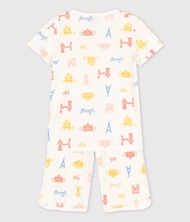 Kinder-Kurzpyjama Paris aus Baumwolle f&uuml;r M&auml;dchen weiss/vielfarbig