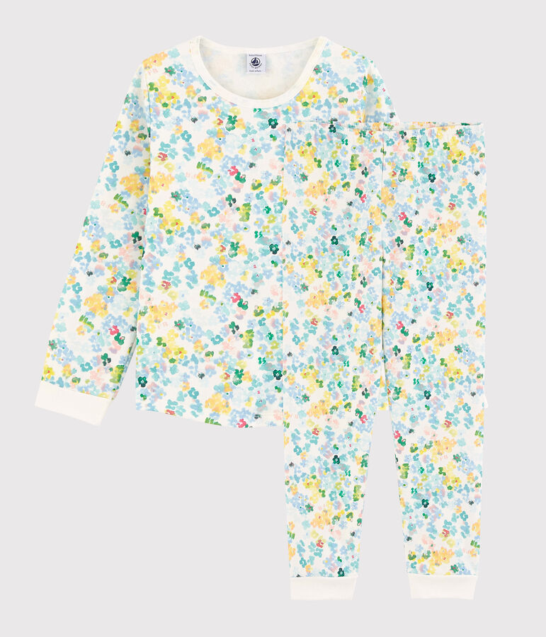 Kinderpyjama aus Molton mit Blumenmotiv im Aquarell-Stil f&uuml;r M&auml;dchen weiss/vielfarbig