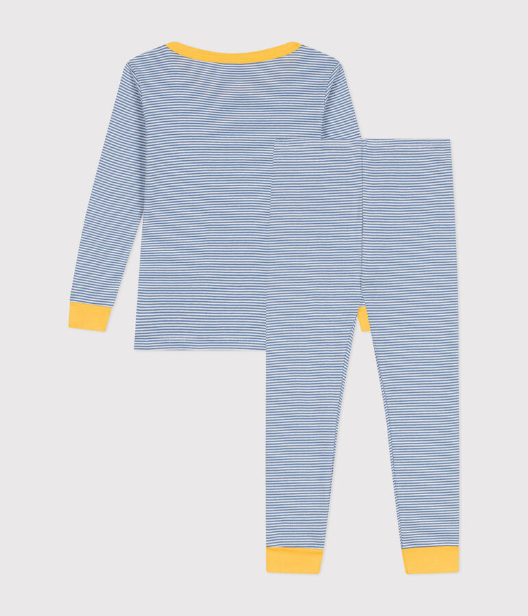 Eng anliegender Kinder-Pyjama aus gestreifter Baumwolle blau/weiss