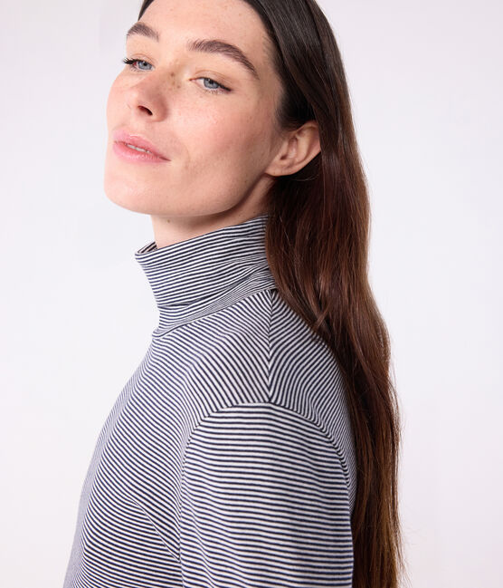 Damen-Rollkragenshirt "L'Iconique" aus Baumwolle blau SMOKING/weiss MARSHMALLOW