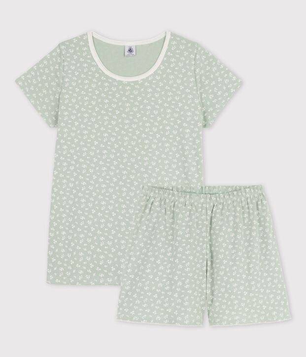 Kinder-Kurzpyjama aus Baumwolle mit Blumen f&uuml;r M&auml;dchen gr&uuml;n/weiss