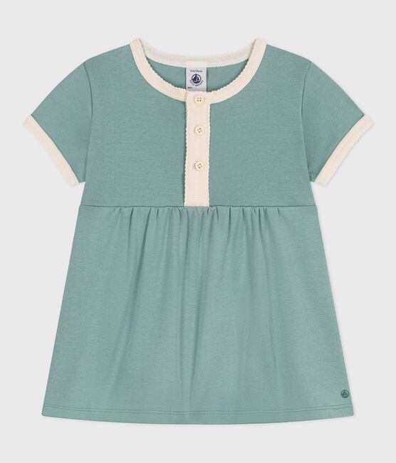 Kurzärmeliges Baby-Kleid aus einfarbiger Baumwolle mit farblich abgesetzten Verzierungen.  grün PAUL