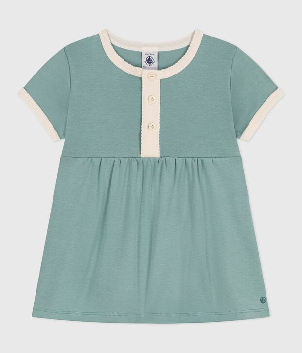 Kurz&auml;rmeliges Baby-Kleid aus einfarbiger Baumwolle mit farblich abgesetzten Verzierungen. gr&uuml;n
