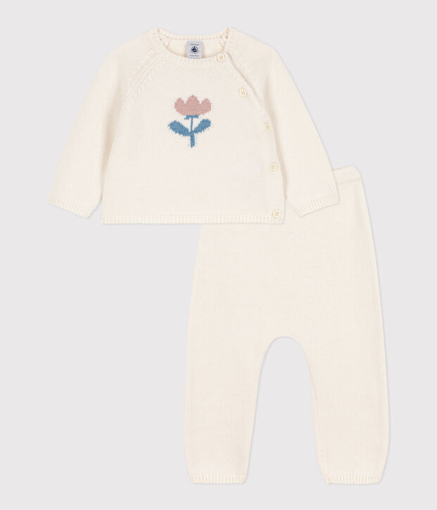 Baby-Set aus Woll- und Baumwoll-Strick weiss