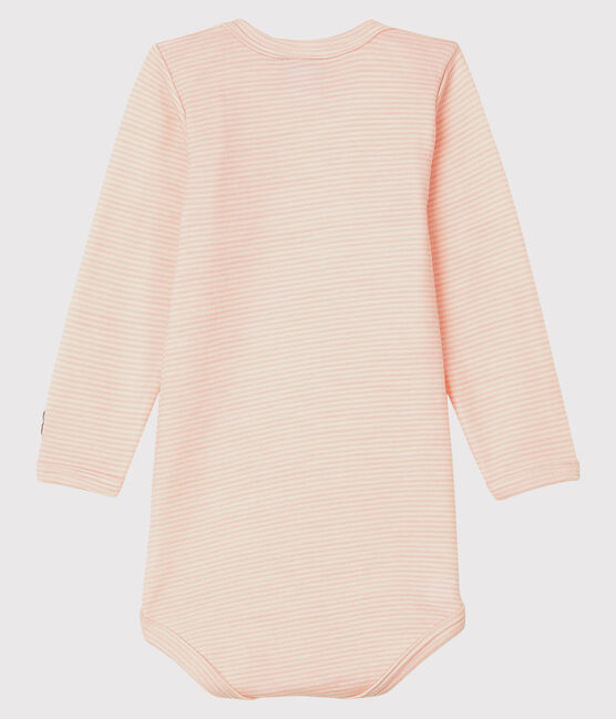 Langärmliger Baby-Body mit Streifen aus Wolle und Baumwolle rosa CHARME/weiss MARSHMALLOW