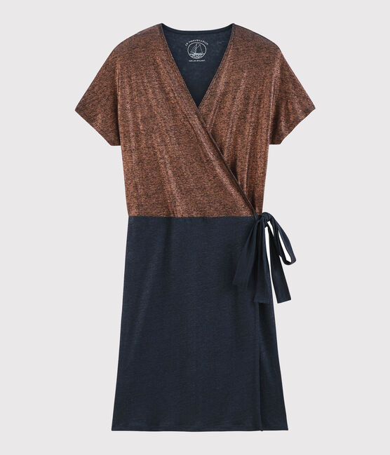 Kurzärmeliges glänzendes leinenkleid damen blau SMOKING/rosa COPPER