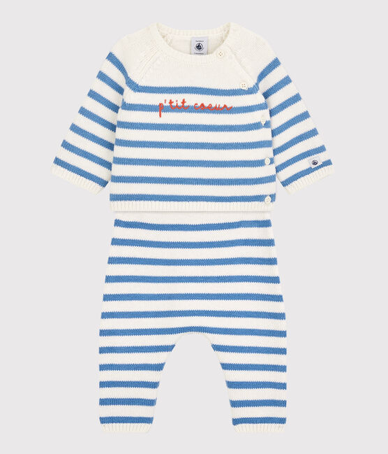 Zweiteiliges Baby-Set aus Woll- und Baumwoll-Strick mit Marinestreifen weiss MARSHMALLOW/blau ALASKA