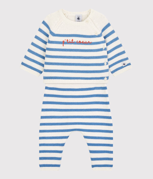 Zweiteiliges Baby-Set aus Woll- und Baumwoll-Strick mit Marinestreifen weiss/blau