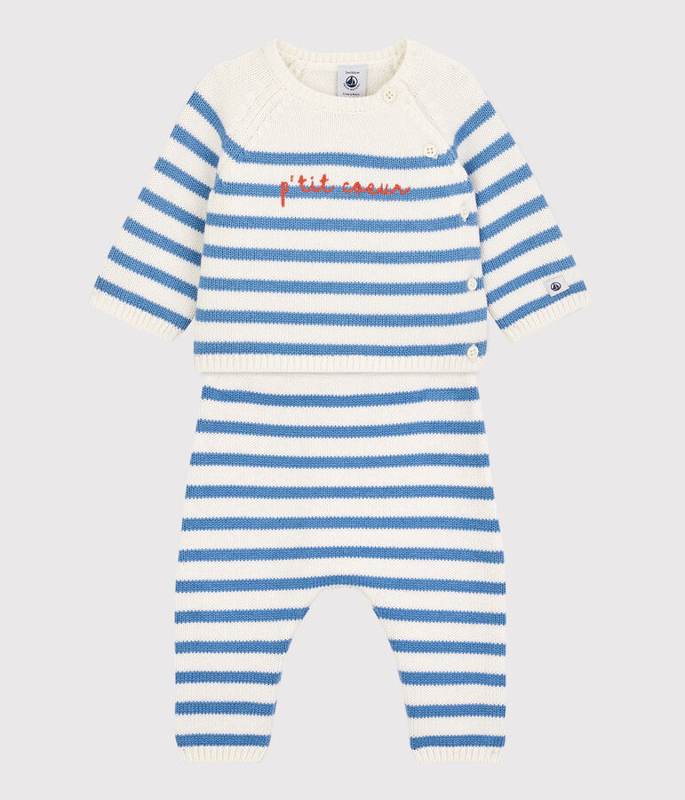 Zweiteiliges Baby-Set aus Woll- und Baumwoll-Strick mit Marinestreifen weiss/blau