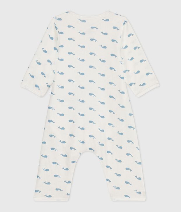 Baby-Bodyjama ohne F&uuml;&szlig;chen aus Baumwolle mit Walmotiv weiss/blau