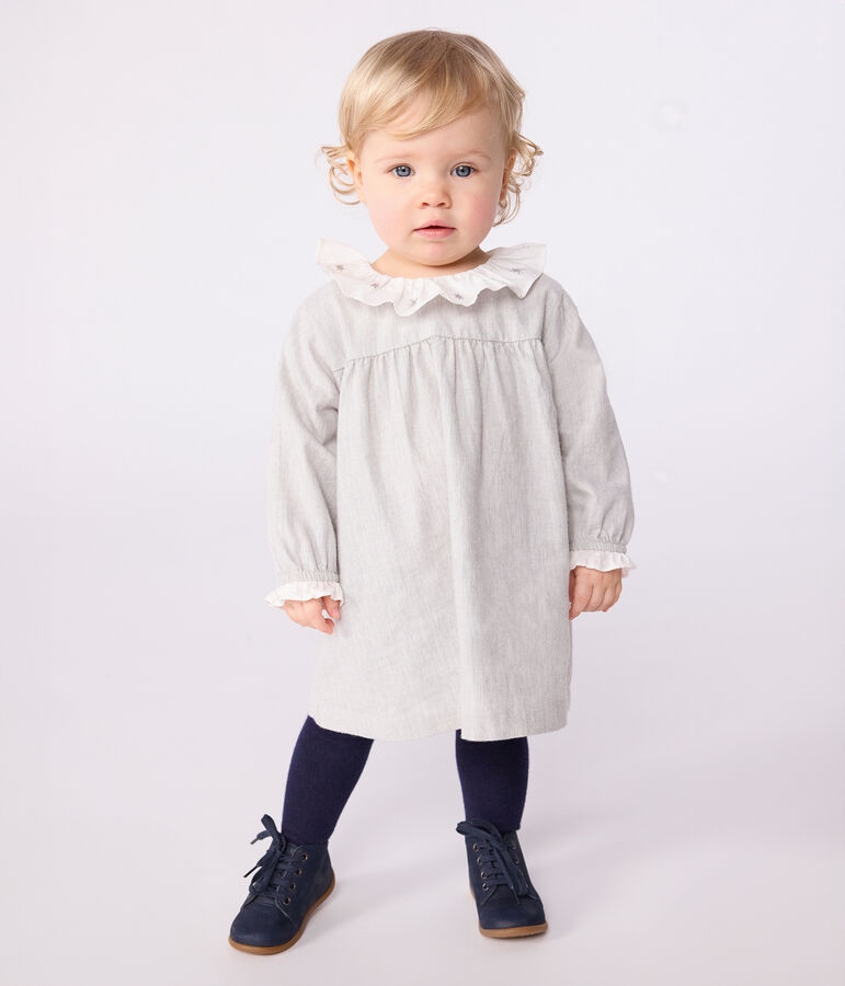 Lang&auml;rmeliges Baby-Kleid mit Kragen aus einfarbigem Flanell grau