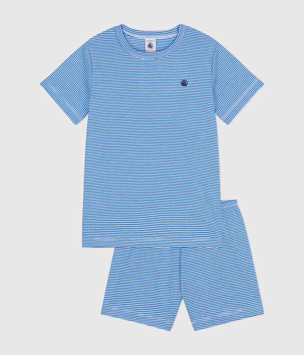 Kurzer, gestreifter Kinderpyjama aus Baumwolle blau/weiss