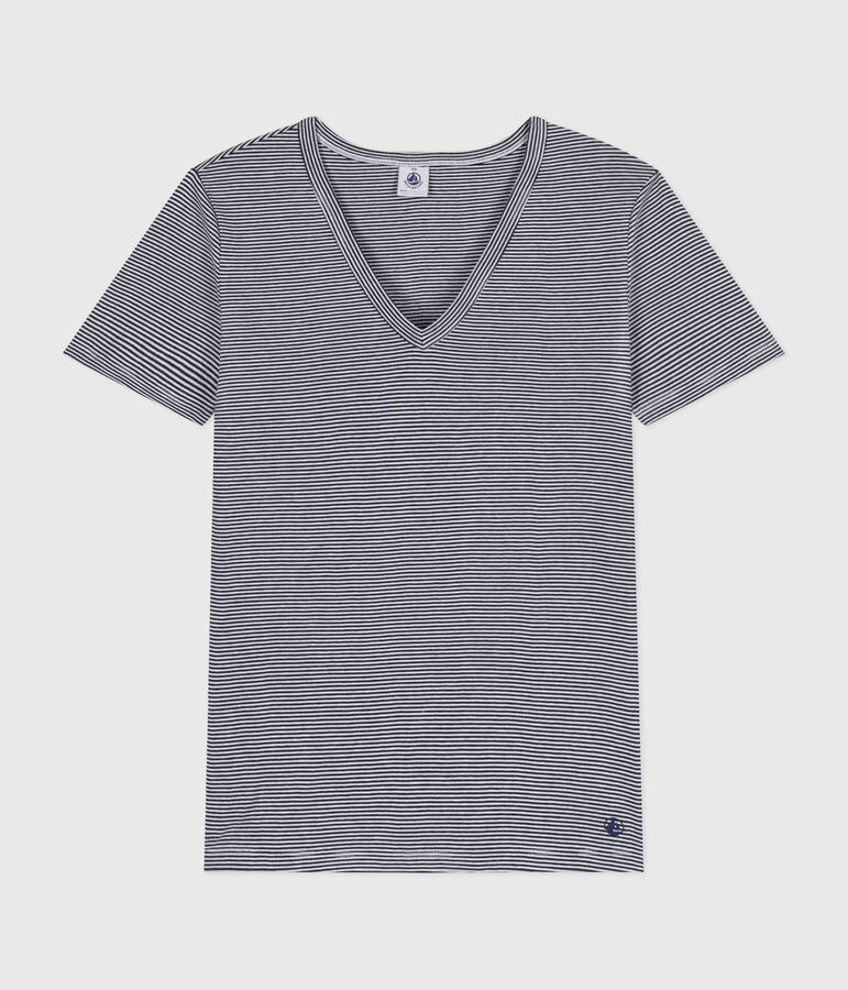Damen-T-Shirt L'Iconique aus Baumwolle mit V-Ausschnitt, gestreift blau/weiss