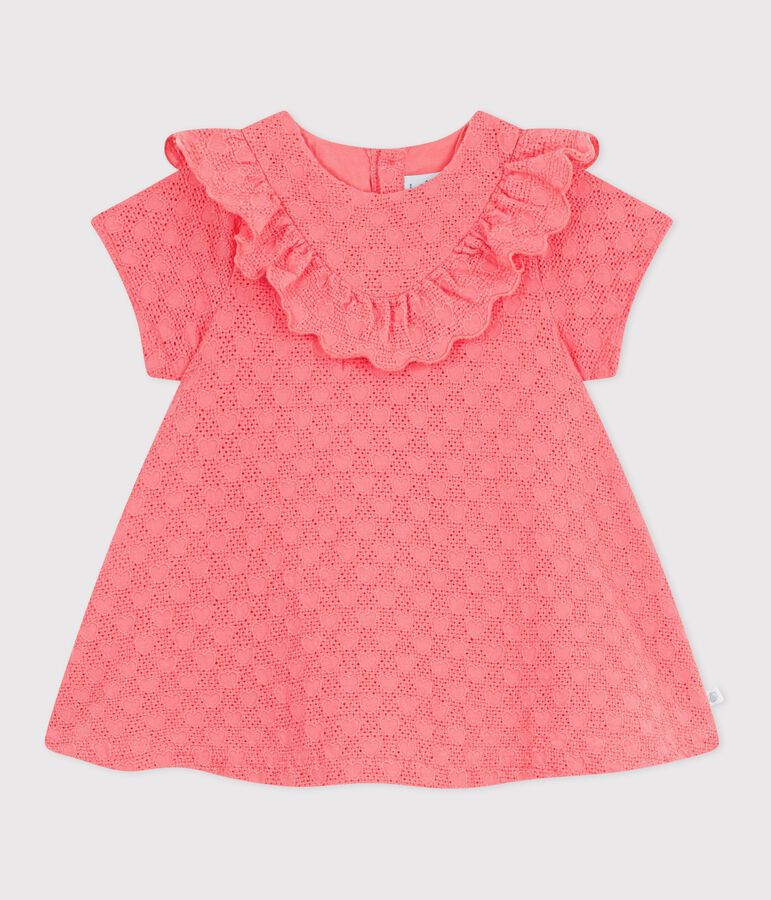 Kurz&auml;rmeliges Baby-Kleid aus Lochspitze mit Herzmotiven rosa
