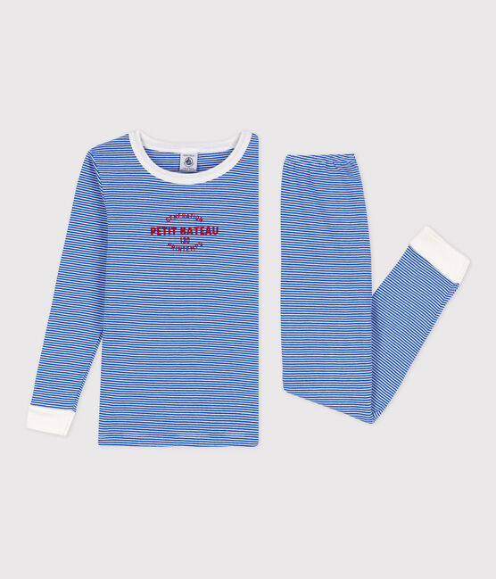 Kinderpyjama aus Baumwolle in schmaler Passform mit Streifen blau PERSE/weiss MARSHMALLOW