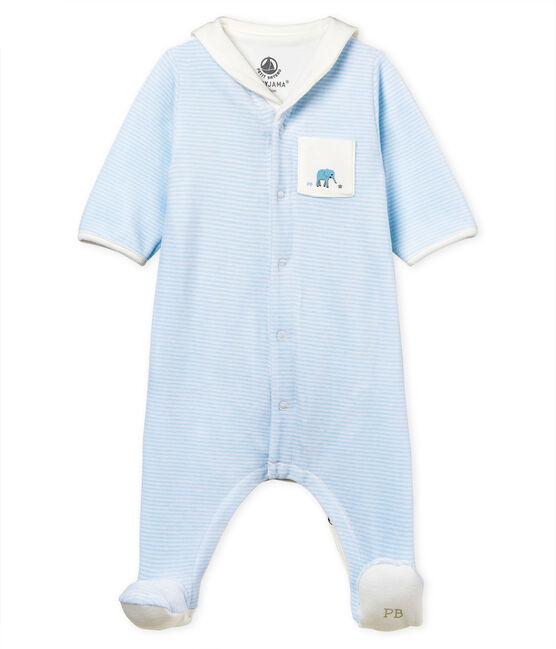 Baby-bodyjama jungen aus samt mit ringelstreifen blau FRAICHEUR/weiss ECUME