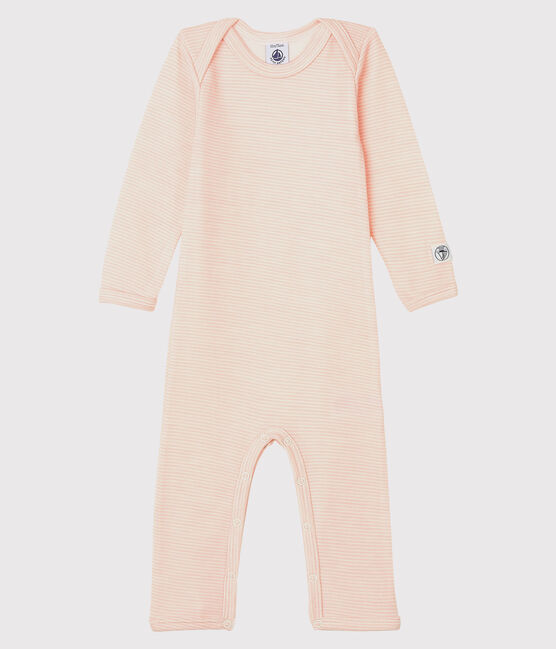 Baby-Body mit langen Beinen und Streifen aus Wolle und Baumwolle rosa CHARME/weiss MARSHMALLOW