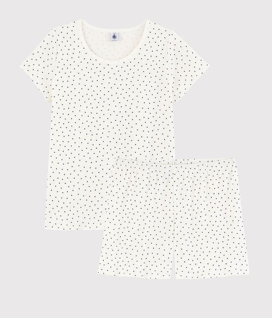 Kurzpyjama aus Baumwolle mit blauen Herzen für Mädchen/Damen weiss MARSHMALLOW/blau MEDIEVAL