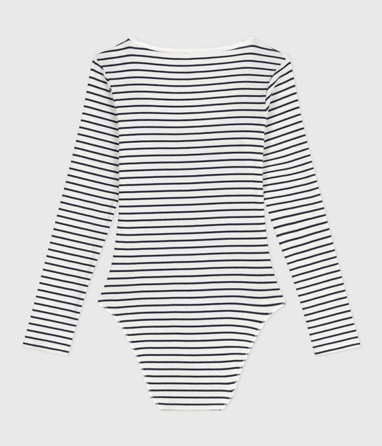Damen-Body aus Baumwolle und Elastan mit Streifen weiss MARSHMALLOW/blau SMOKING