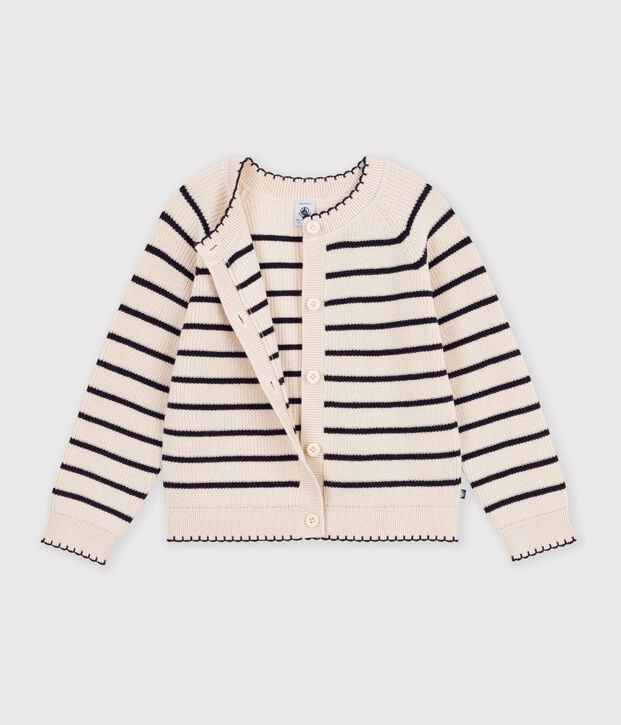 Kinder-Cardigan aus Baumwolle und Wolle mit Streifen naturfarben/blau