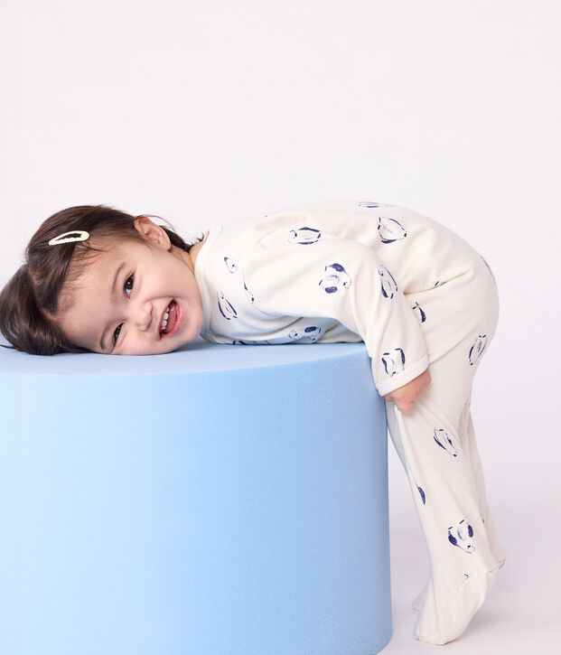 Baby-Strampler aus aufgerautem Molton mit Pinguin-Tiermotiv und Bl&uuml;tenkragen naturfarben/vielfarbig