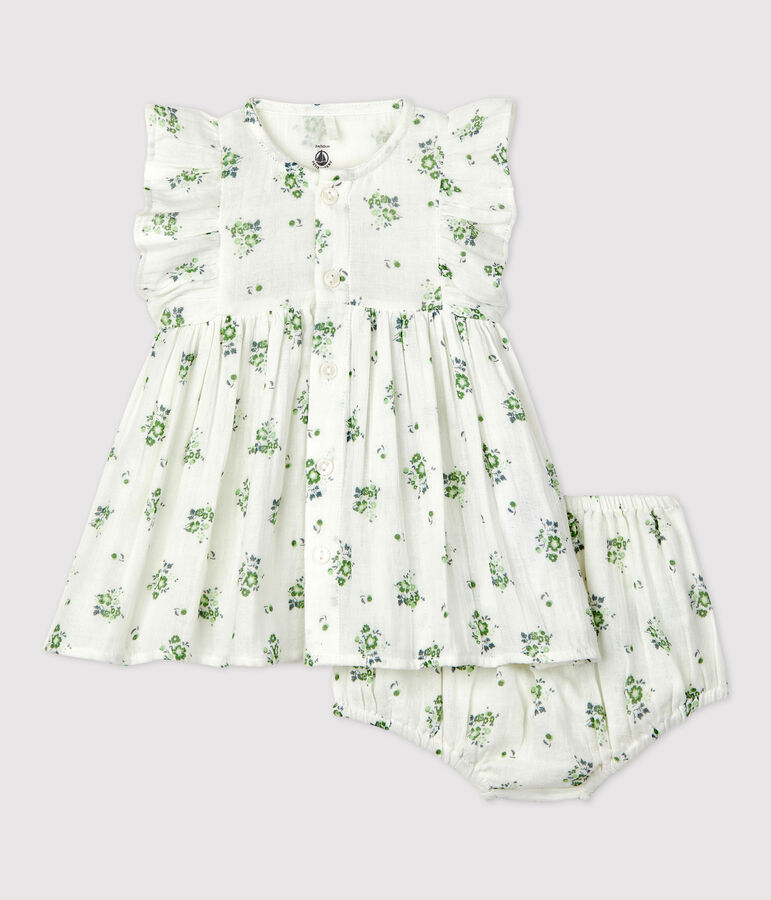 Babykleid mit Bloomers aus Bio-Baumwollgaze mit Blumenmuster weiss/vielfarbig