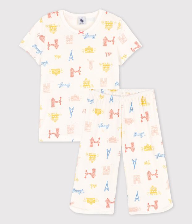 Kinder-Kurzpyjama Paris aus Baumwolle f&uuml;r M&auml;dchen weiss/vielfarbig