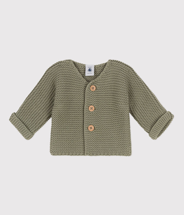 Baby-Cardigan kraus rechts gestrickt aus Baumwolle gr&uuml;n